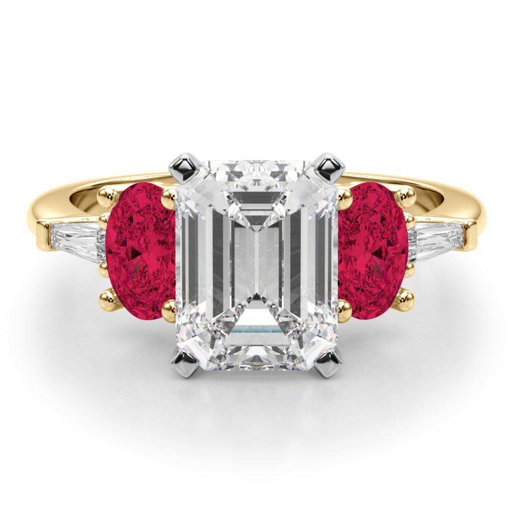 Emerald Cut Lab Diamond & Oval Ruby Engagement Ring 18K Yellow Gold (4.24ct)