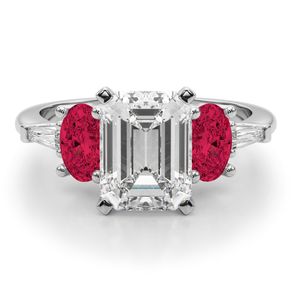 Emerald Cut Lab Diamond & Oval Ruby Engagement Ring in Palladium (4.24ct)