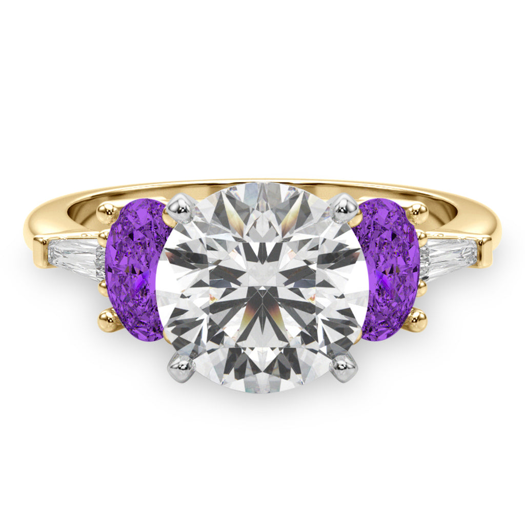 Round Lab Diamond & Oval Amethyst Engagement Ring 18K Yellow Gold (3.98ct)
