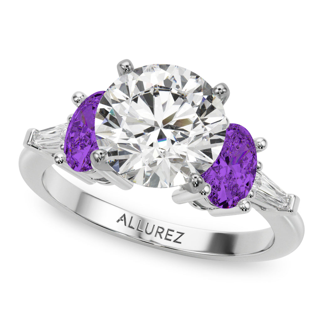 Round Lab Diamond & Oval Amethyst Engagement Ring in Platinum (3.98ct)