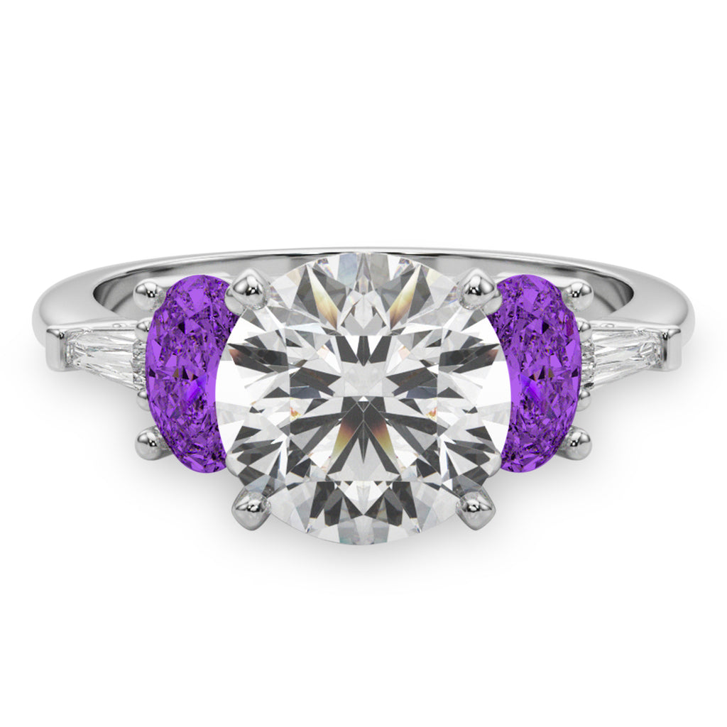 Round Lab Diamond & Oval Amethyst Engagement Ring in Platinum (3.98ct)