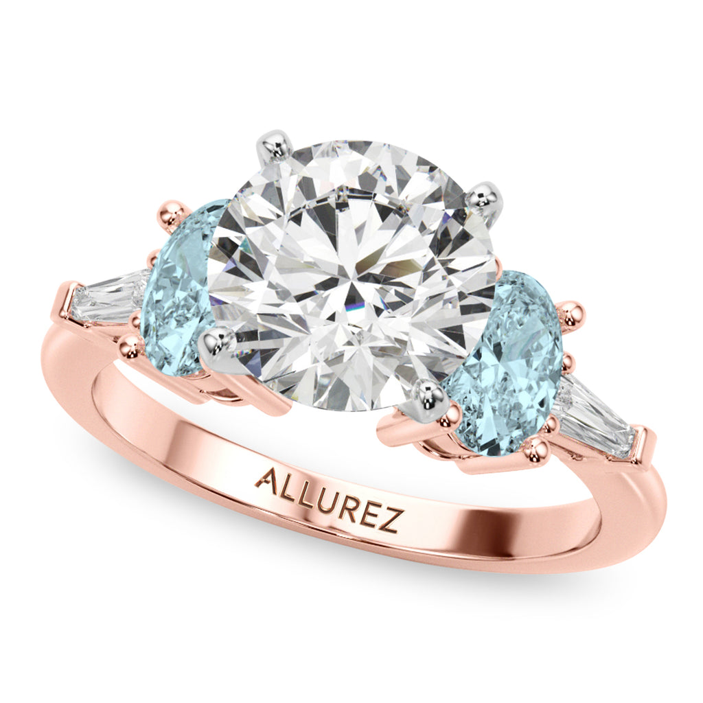 Round Lab Diamond & Oval Aquamarine Engagement Ring 18K Rose Gold (3.98ct)