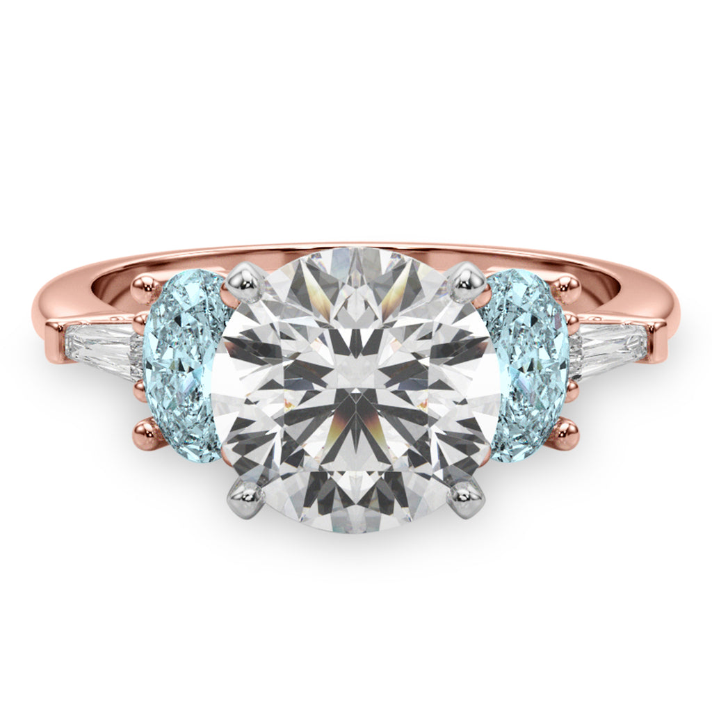 Round Lab Diamond & Oval Aquamarine Engagement Ring 18K Rose Gold (3.98ct)