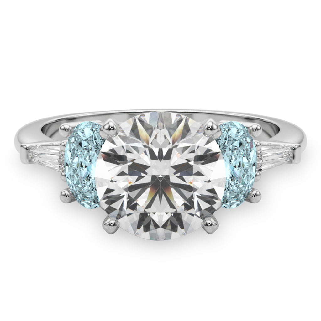 Round Lab Diamond & Oval Aquamarine Engagement Ring 18K White Gold (3.98ct)