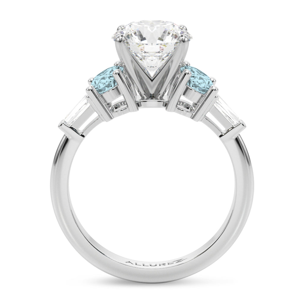 Round Lab Diamond & Oval Aquamarine Engagement Ring 18K White Gold (3.98ct)
