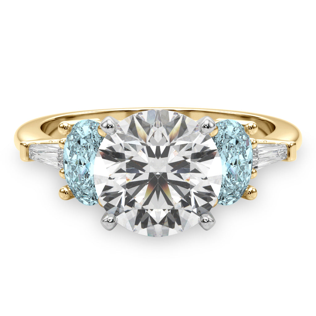 Round Lab Diamond & Oval Aquamarine Engagement Ring 18K Yellow Gold (3.98ct)