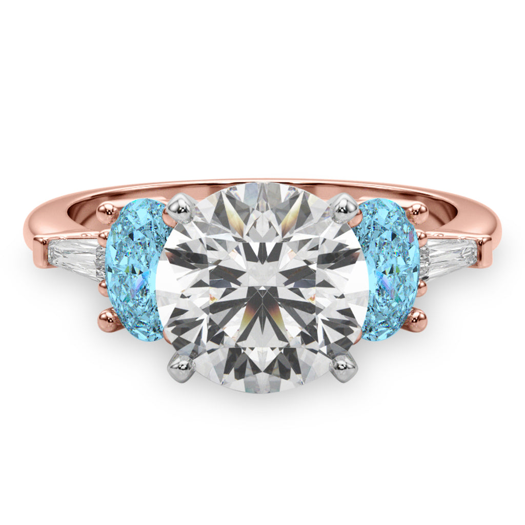 Round Lab Diamond & Oval Blue Topaz Engagement Ring 14K Rose Gold (4.18ct)