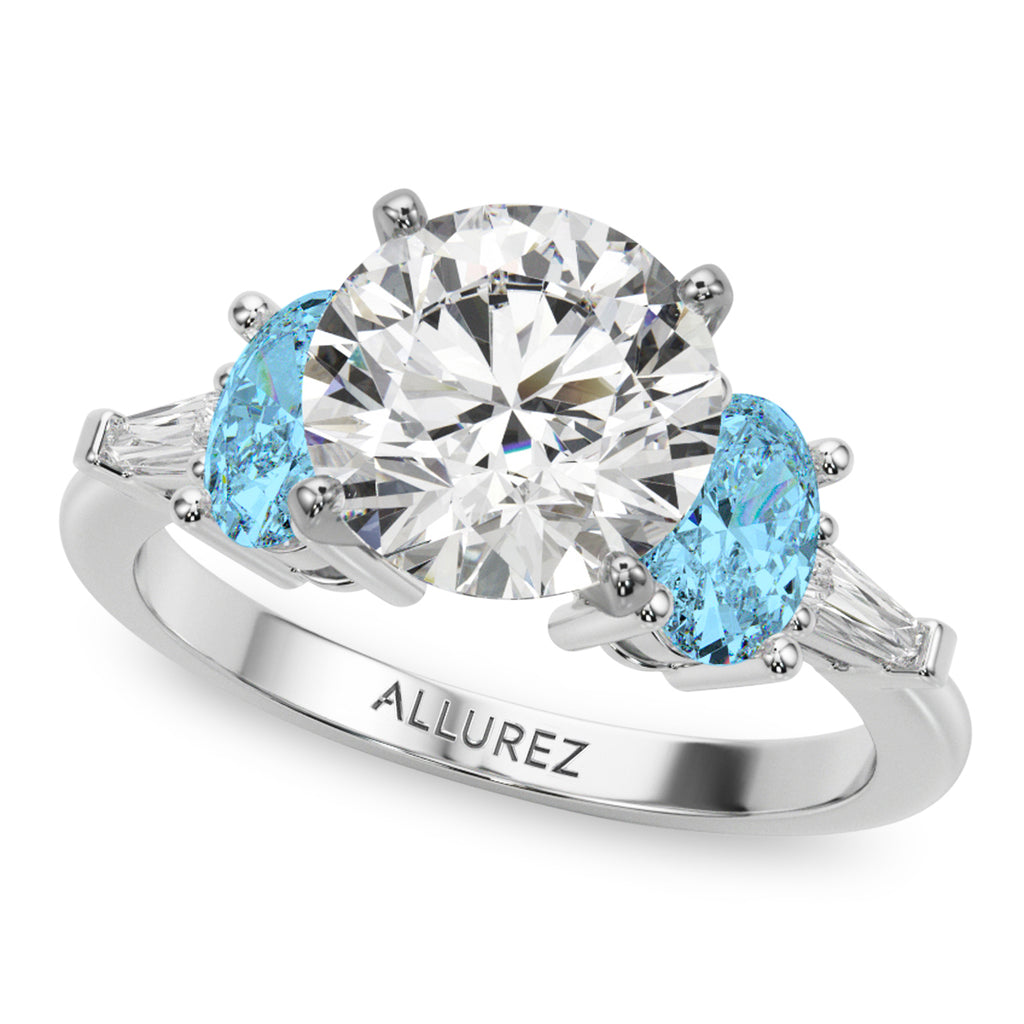Round Lab Diamond & Oval Blue Topaz Engagement Ring 18K White Gold (4.18ct)