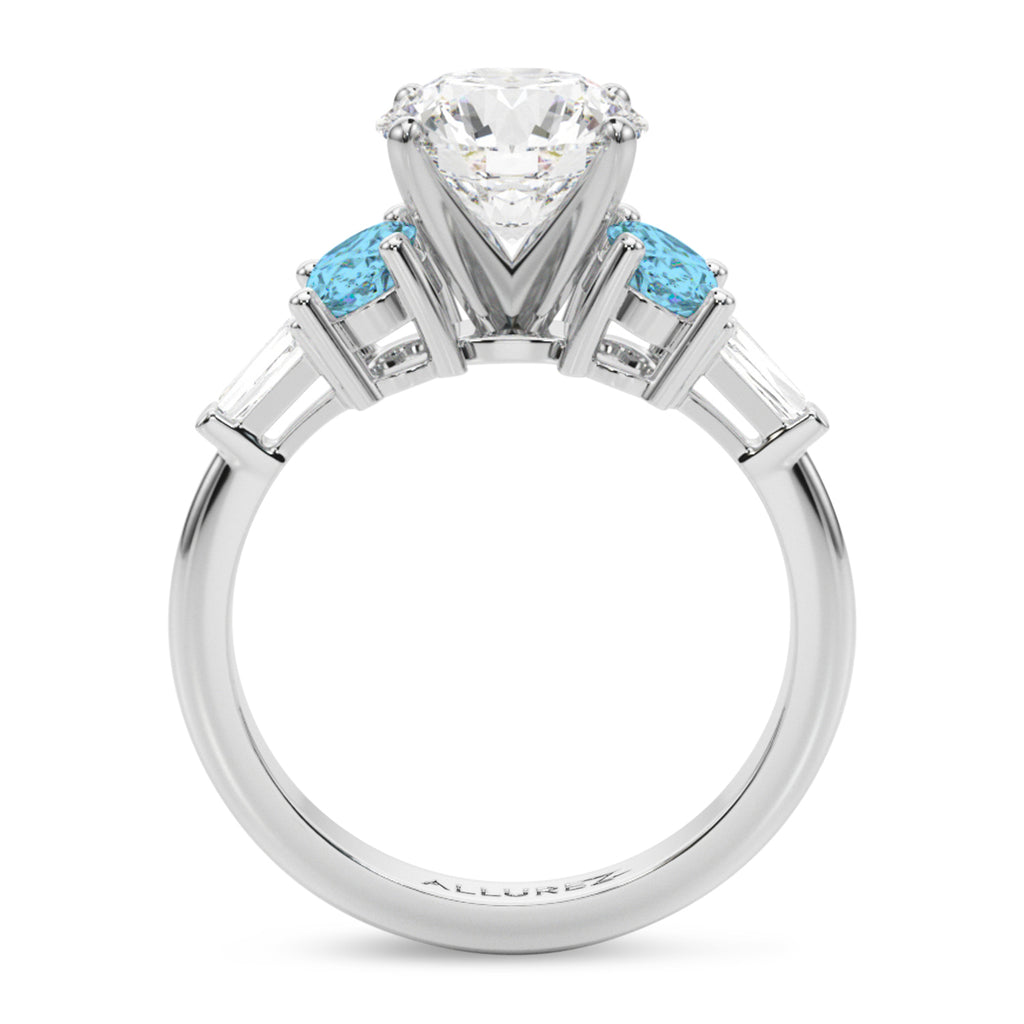 Round Lab Diamond & Oval Blue Topaz Engagement Ring 18K White Gold (4.18ct)