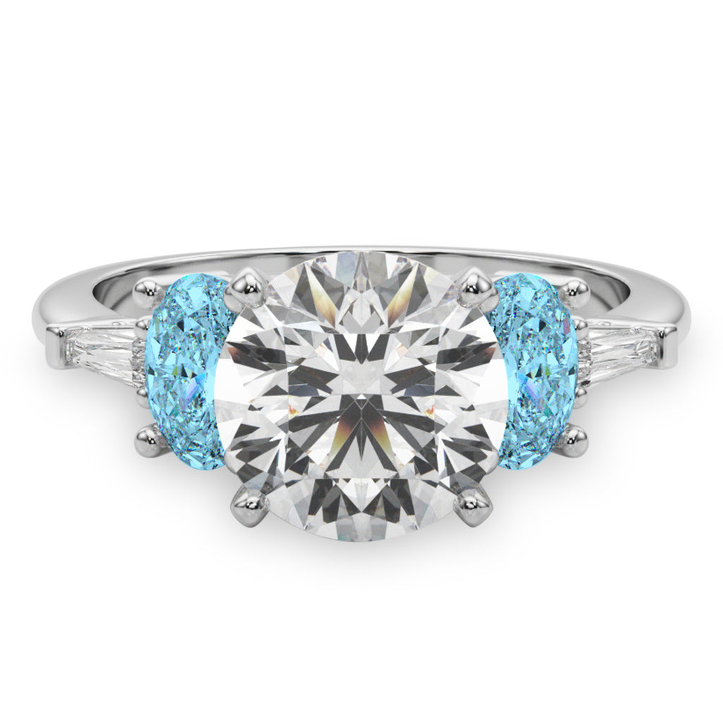 Round Lab Diamond & Oval Blue Topaz Engagement Ring in Platinum (4.18ct)