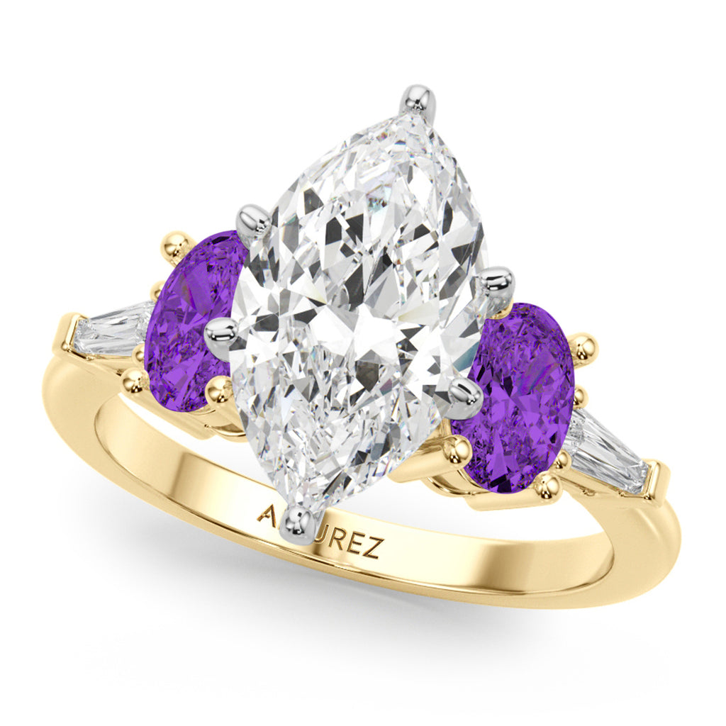 Marquise Lab Diamond & Oval Amethyst Engagement Ring 14K Yellow Gold (3.98ct)