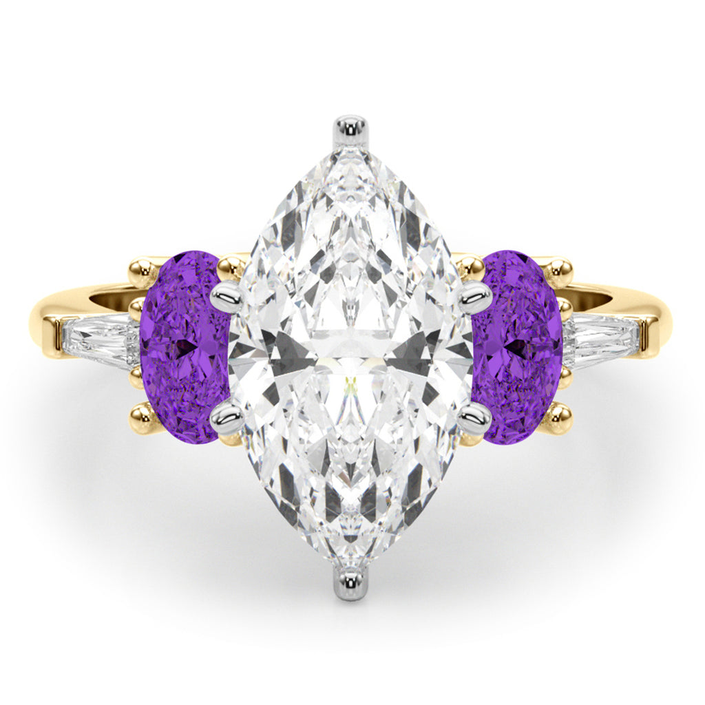 Marquise Lab Diamond & Oval Amethyst Engagement Ring 14K Yellow Gold (3.98ct)
