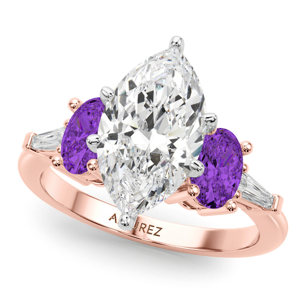 Marquise Lab Diamond & Oval Amethyst Engagement Ring 18K Rose Gold (3.98ct)
