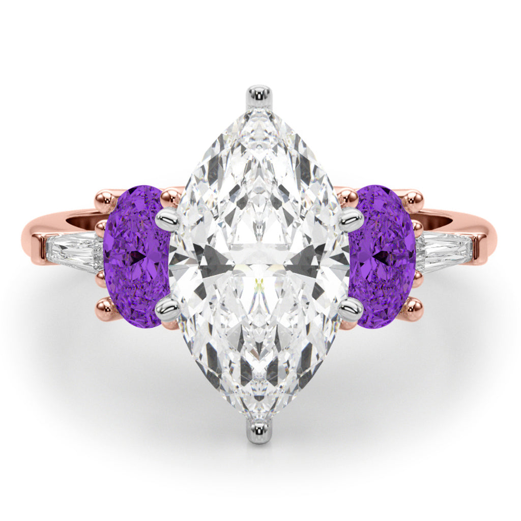 Marquise Lab Diamond & Oval Amethyst Engagement Ring 18K Rose Gold (3.98ct)
