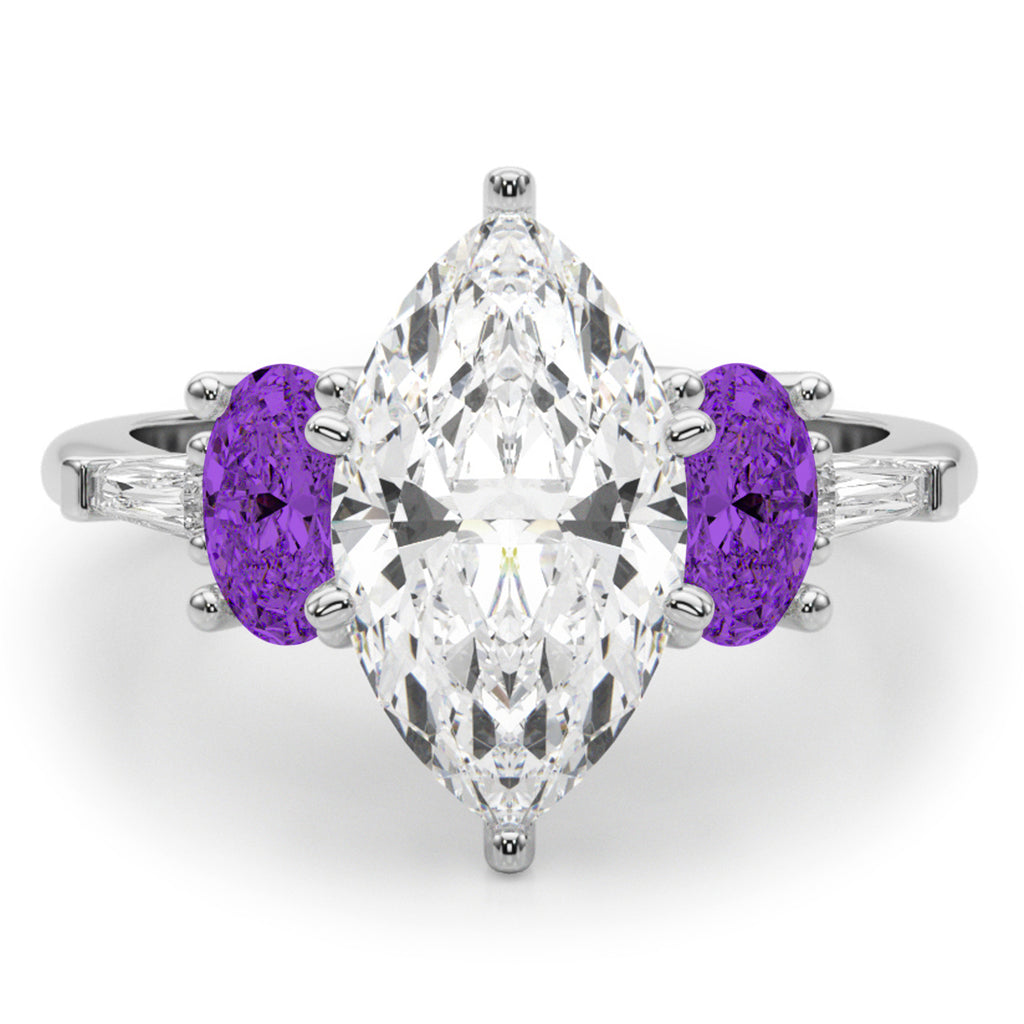 Marquise Lab Diamond & Oval Amethyst Engagement Ring 18K White Gold (3.98ct)