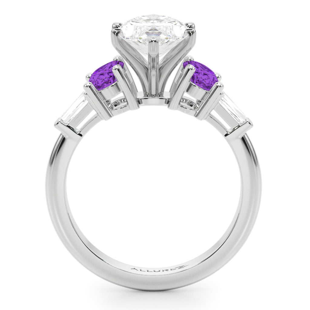 Marquise Lab Diamond & Oval Amethyst Engagement Ring 18K White Gold (3.98ct)
