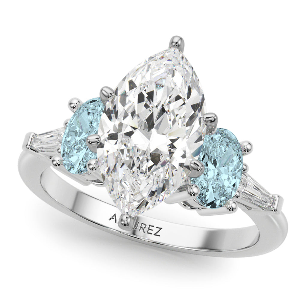 Marquise Lab Diamond & Oval Aquamarine Engagement Ring 14K White Gold (3.98ct)