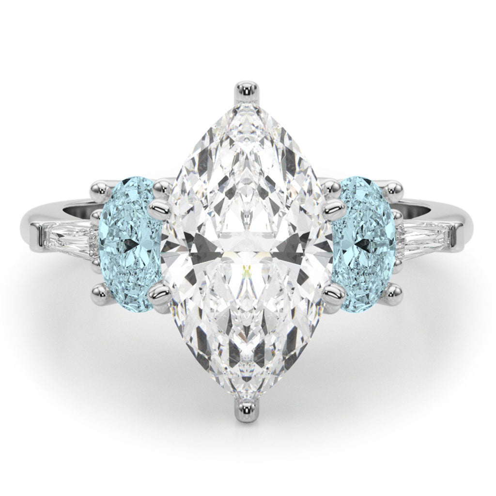 Marquise Lab Diamond & Oval Aquamarine Engagement Ring 14K White Gold (3.98ct)