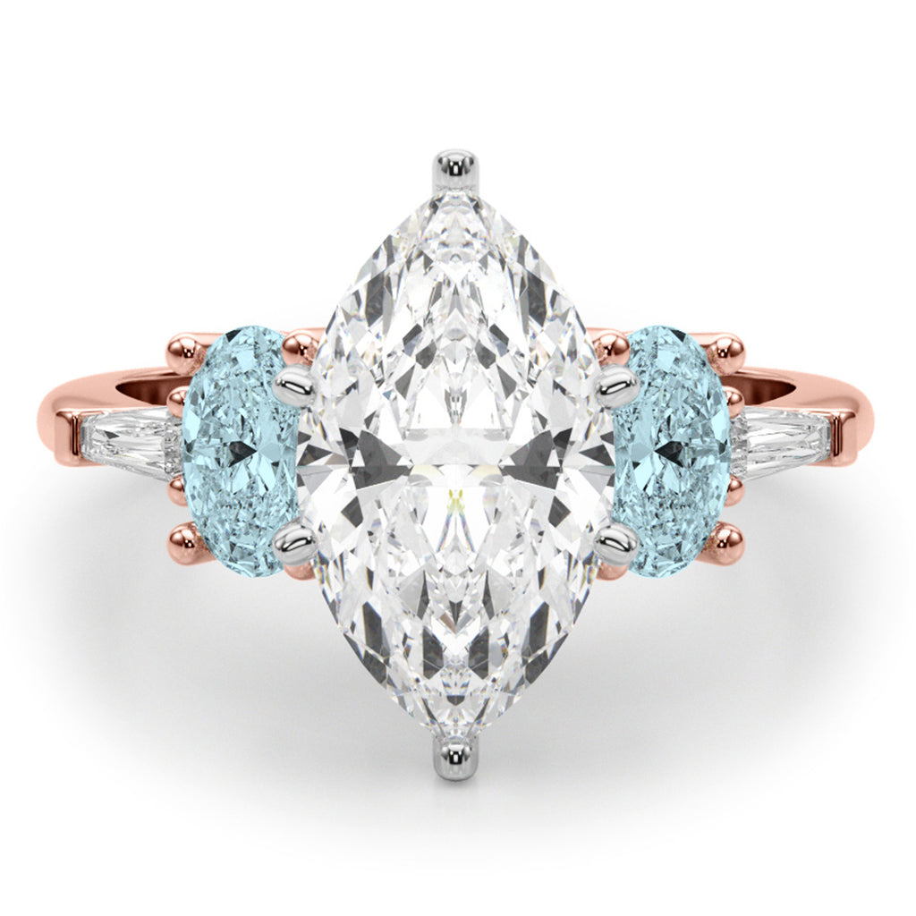 Marquise Lab Diamond & Oval Aquamarine Engagement Ring 18K Rose Gold (3.98ct)