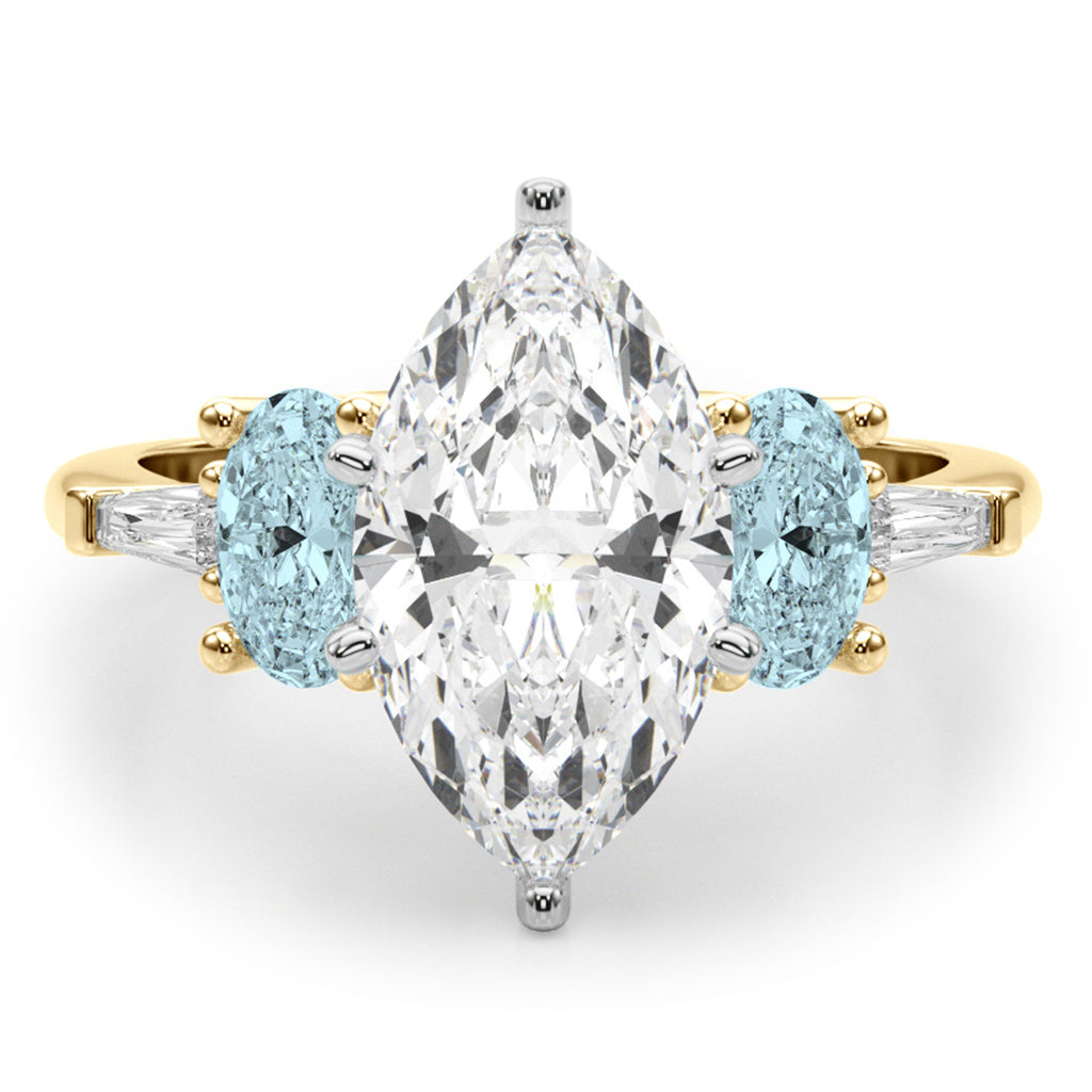 Marquise Lab Diamond & Oval Aquamarine Engagement Ring 18K Yellow Gold (3.98ct)
