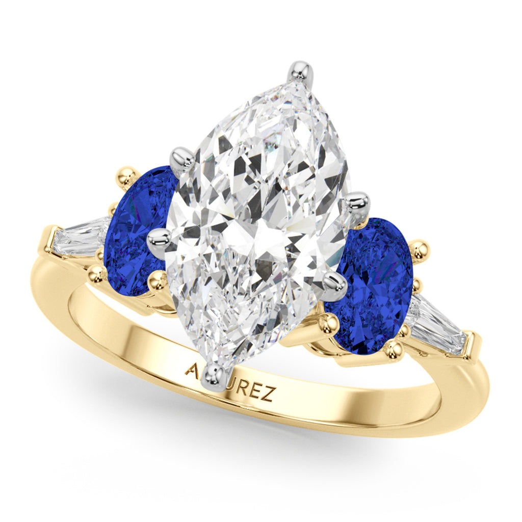 Marquise Lab Diamond & Oval Blue Sapphire Engagement Ring 14K Yellow Gold (4.32ct)