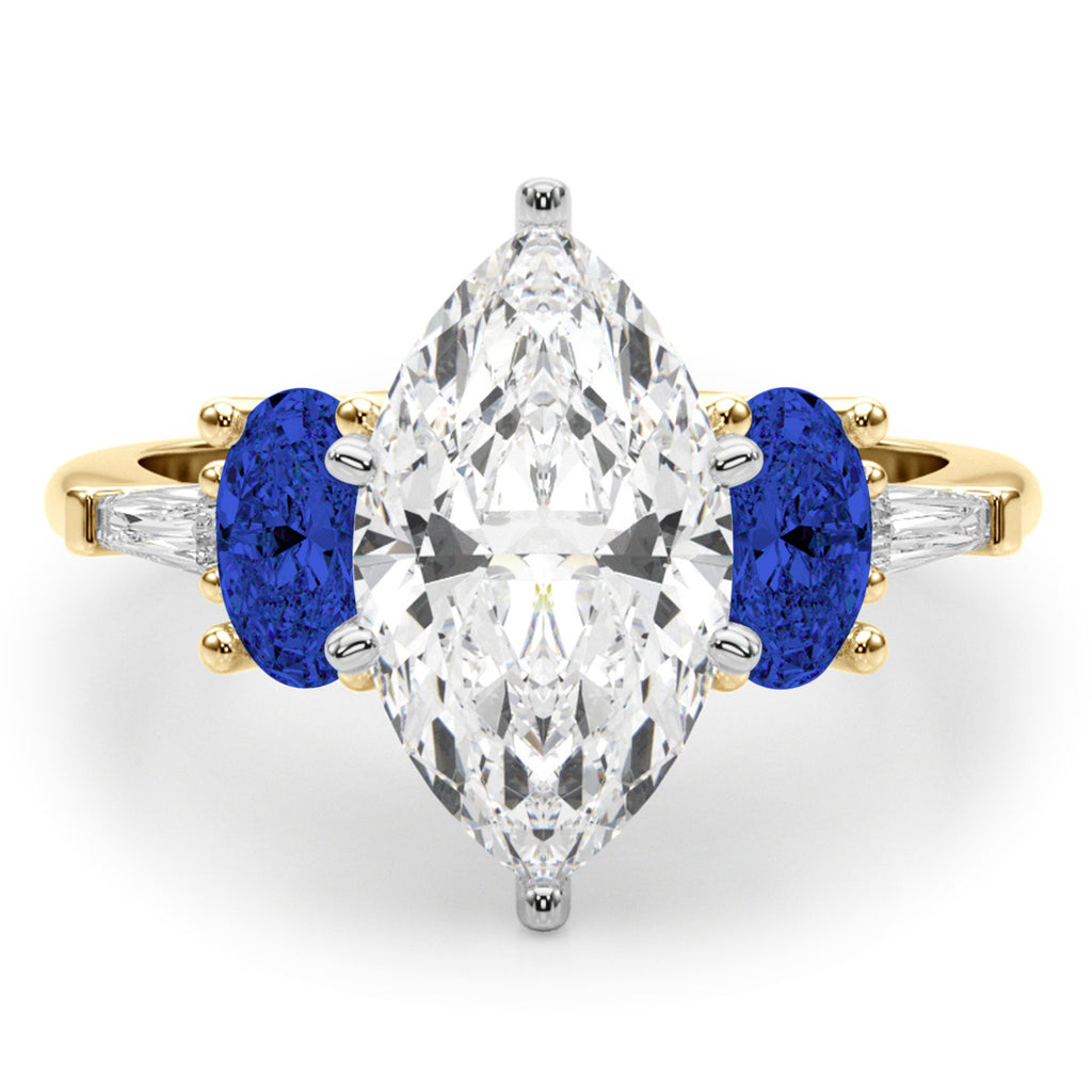 Marquise Lab Diamond & Oval Blue Sapphire Engagement Ring 14K Yellow Gold (4.32ct)