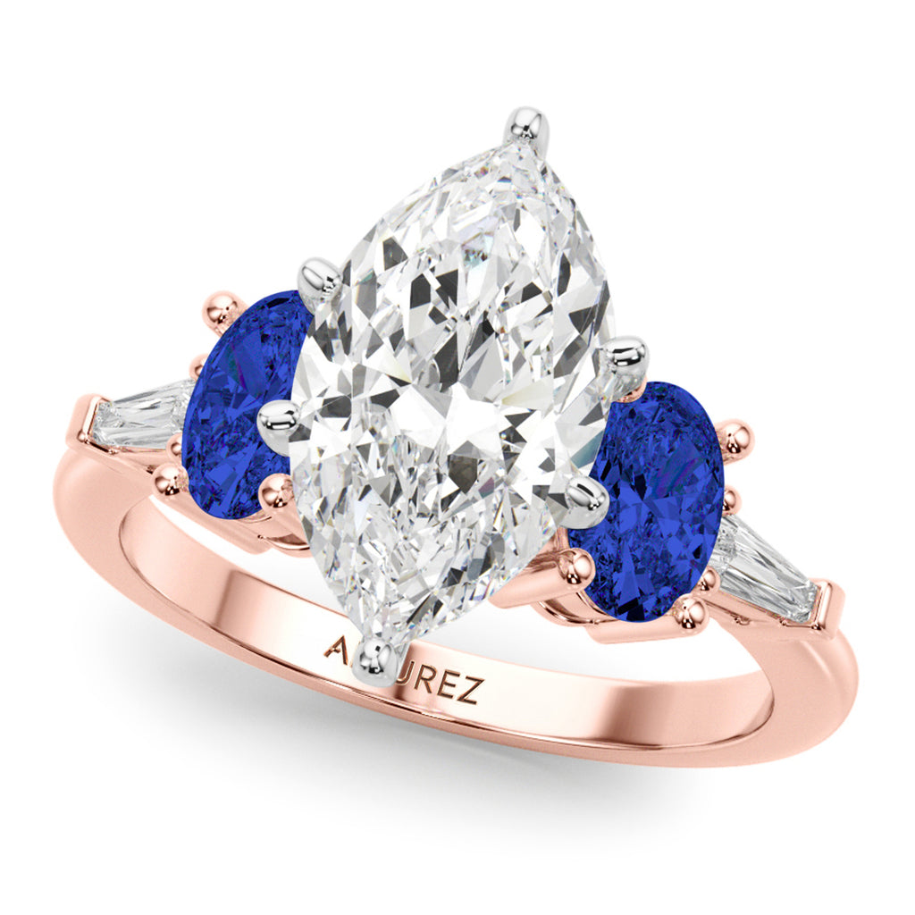 Marquise Lab Diamond & Oval Blue Sapphire Engagement Ring 18K Rose Gold (4.32ct)