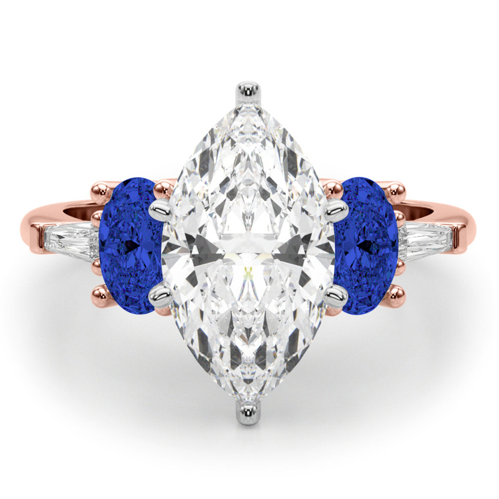 Marquise Lab Diamond & Oval Blue Sapphire Engagement Ring 18K Rose Gold (4.32ct)