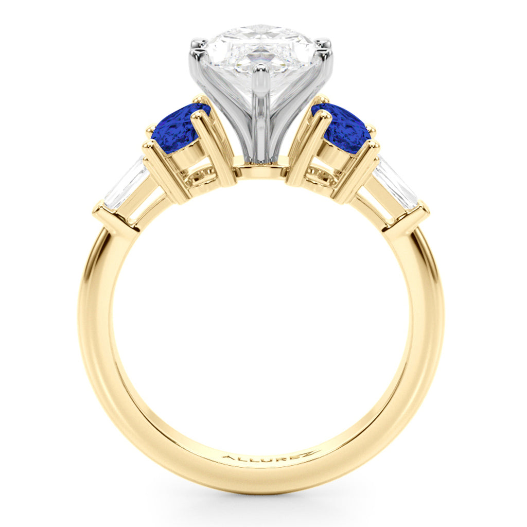 Marquise Lab Diamond & Oval Blue Sapphire Engagement Ring 18K Yellow Gold (4.32ct)