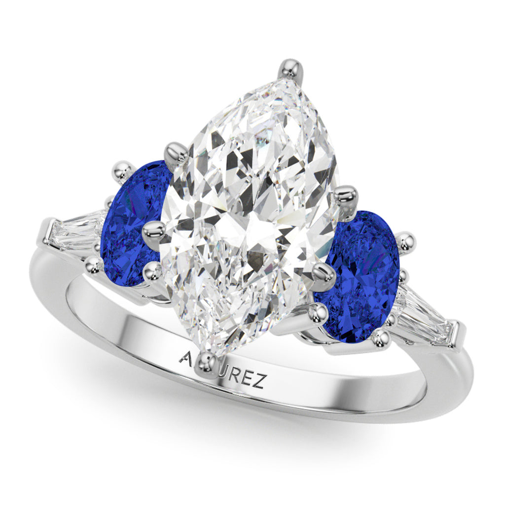 Marquise Lab Diamond & Oval Blue Sapphire Engagement Ring in Platinum (4.32ct)
