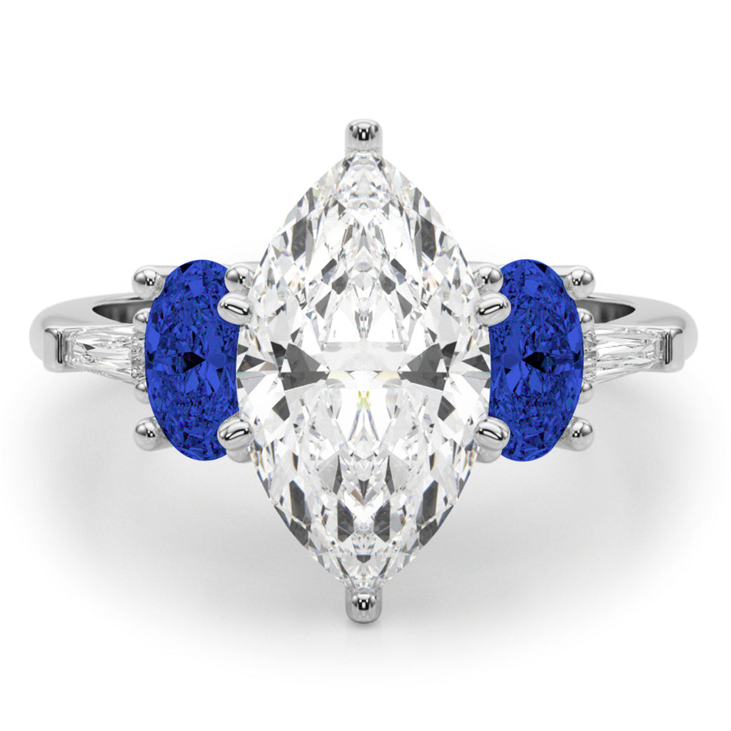 Marquise Lab Diamond & Oval Blue Sapphire Engagement Ring in Platinum (4.32ct)