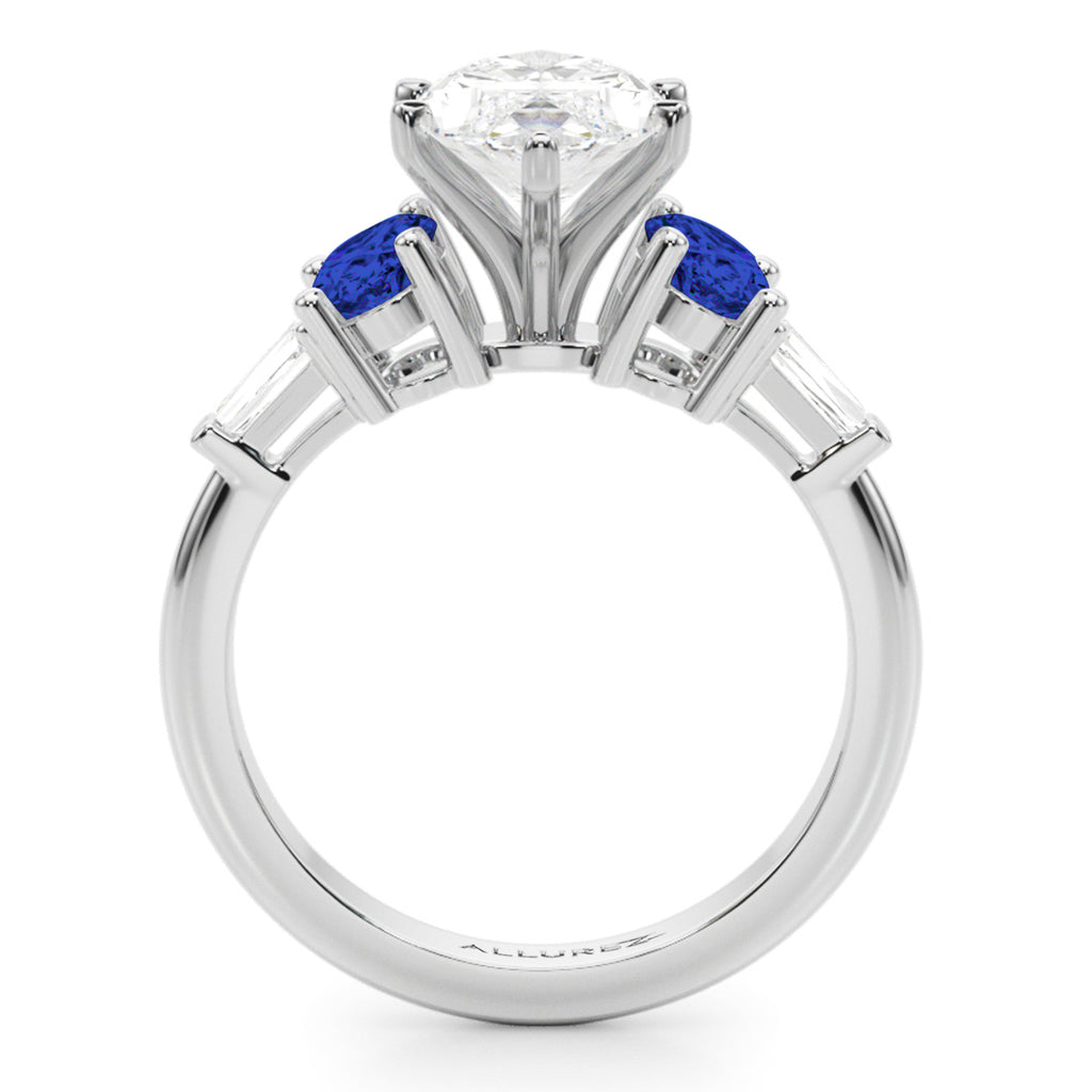 Marquise Lab Diamond & Oval Blue Sapphire Engagement Ring in Platinum (4.32ct)