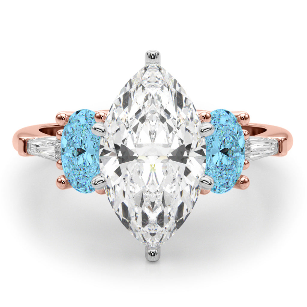 Marquise Lab Diamond & Oval Blue Topaz Engagement Ring 14K Rose Gold (4.18ct)