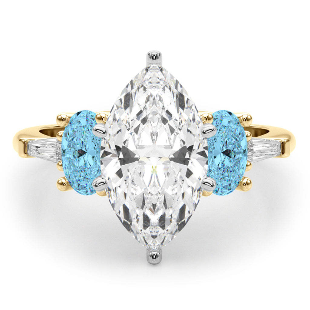 Marquise Lab Diamond & Oval Blue Topaz Engagement Ring 18K Yellow Gold (4.18ct)