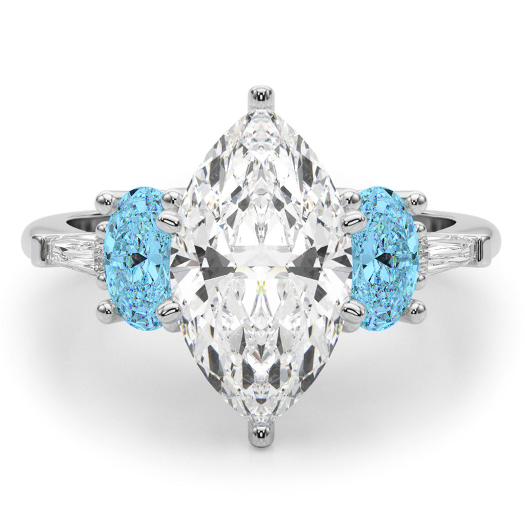 Marquise Lab Diamond & Oval Blue Topaz Engagement Ring in Platinum (4.18ct)