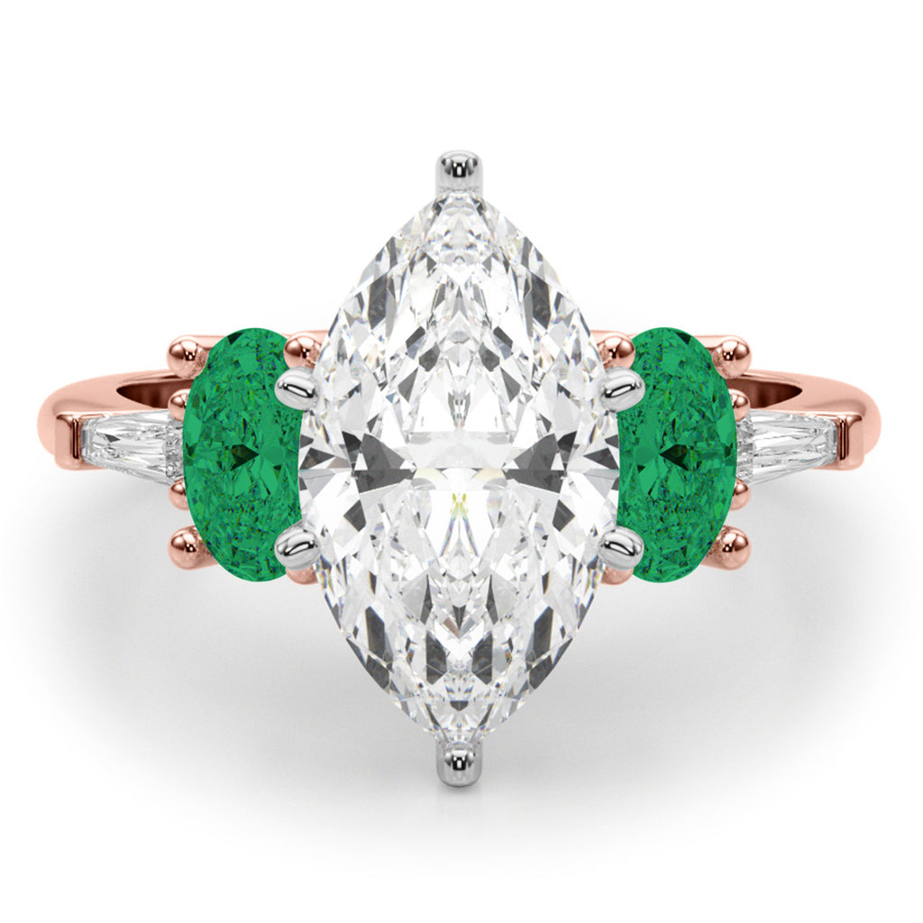Marquise Lab Diamond & Oval Emerald Engagement Ring 14K Rose Gold (3.98ct)