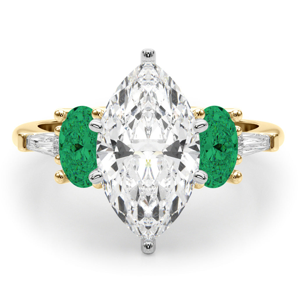 Marquise Lab Diamond & Oval Emerald Engagement Ring 14K Yellow Gold (3.98ct)