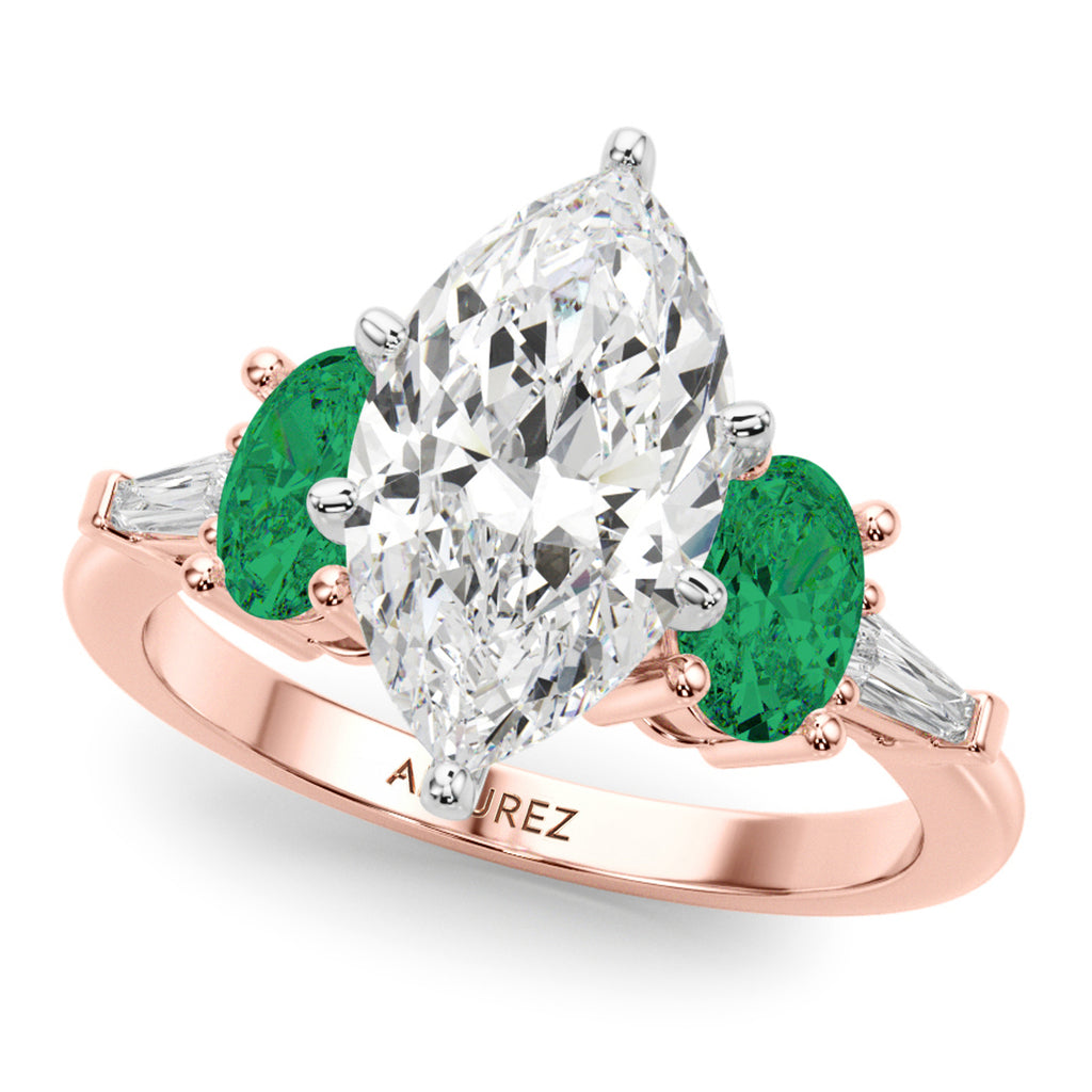 Marquise Lab Diamond & Oval Emerald Engagement Ring 18K Rose Gold (3.98ct)