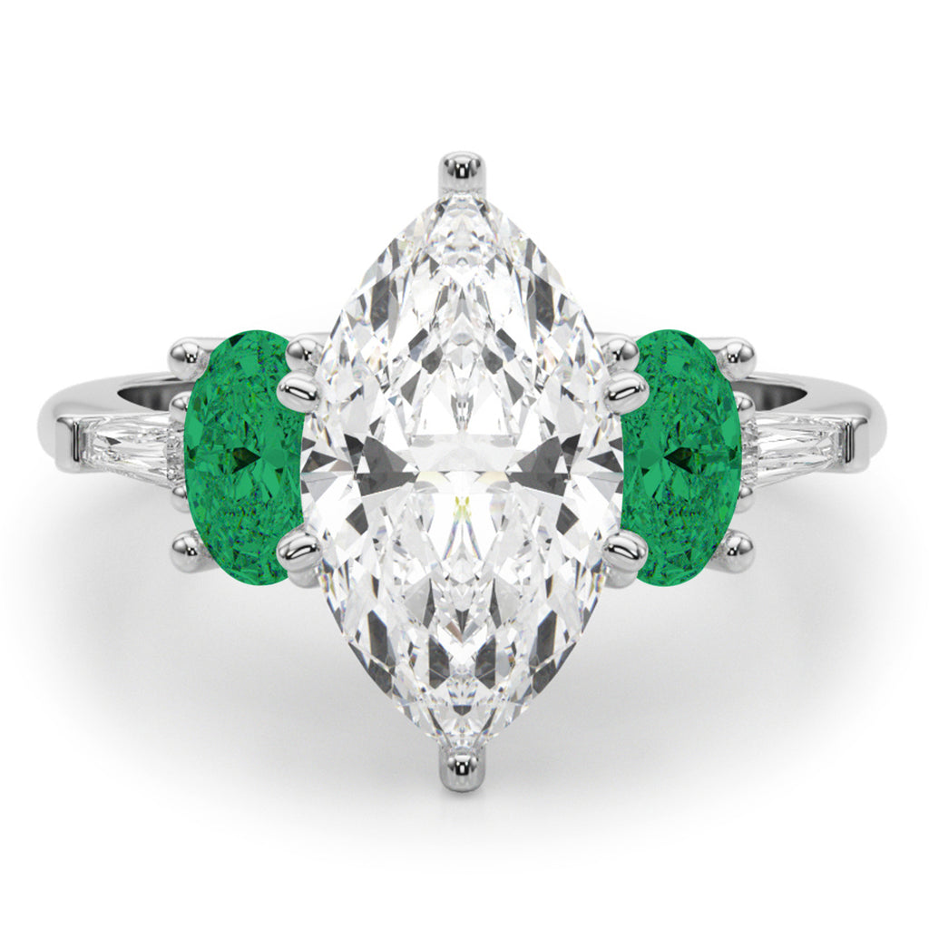 Marquise Lab Diamond & Oval Emerald Engagement Ring 18K White Gold (3.98ct)