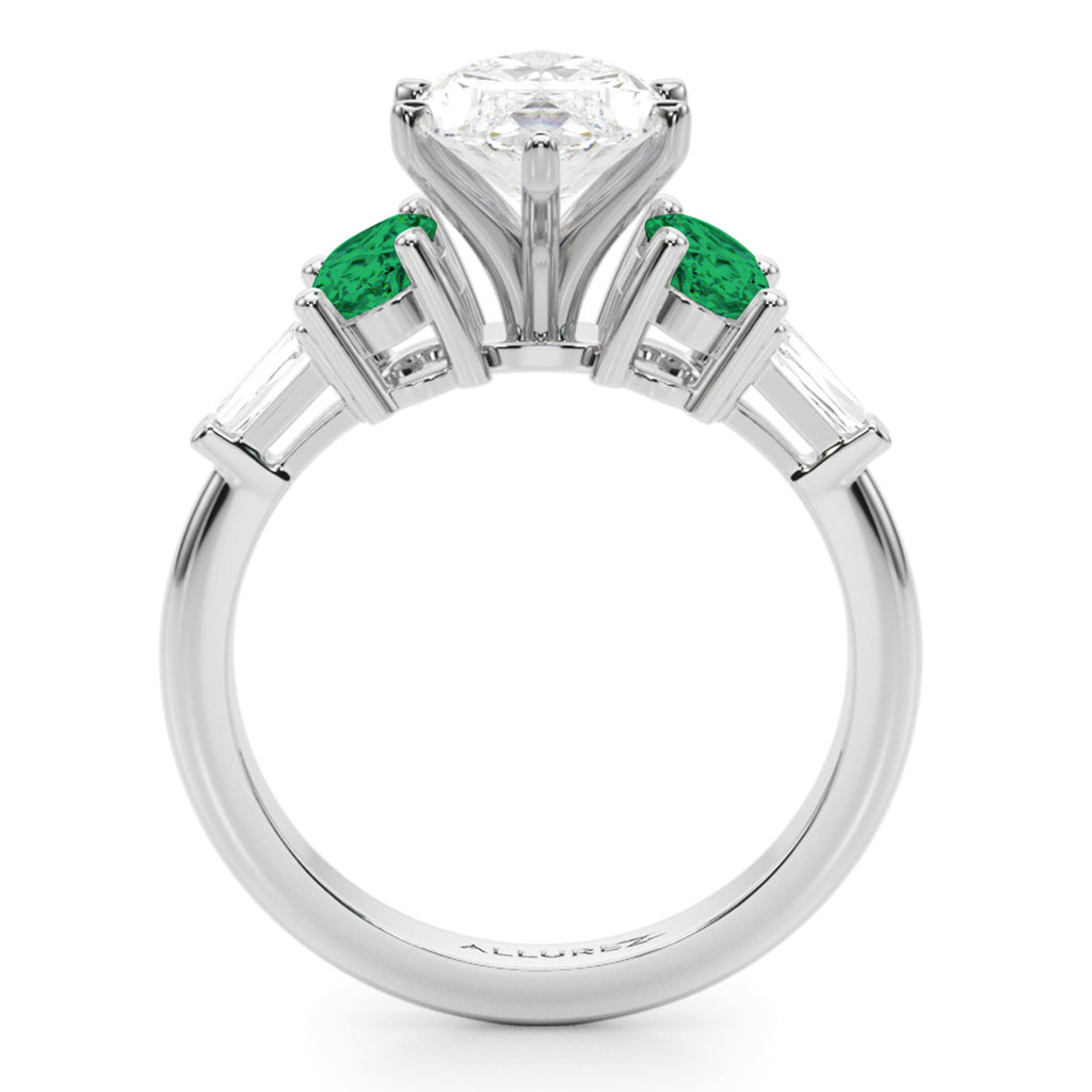 Marquise Lab Diamond & Oval Emerald Engagement Ring 18K White Gold (3.98ct)