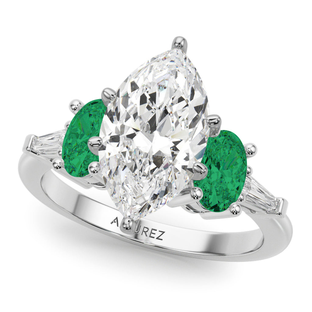 Marquise Lab Diamond & Oval Emerald Engagement Ring in Platinum (3.98ct)
