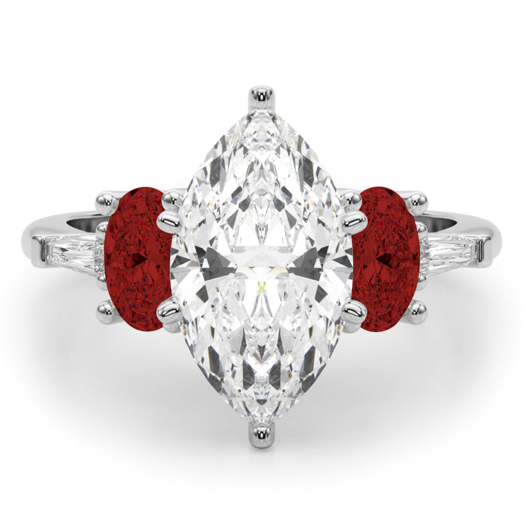Marquise Lab Diamond & Oval Garnet Engagement Ring 18K White Gold (4.18ct)