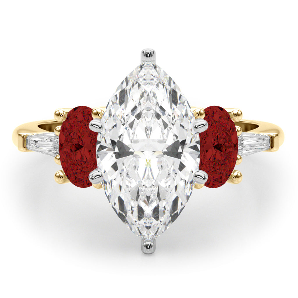 Marquise Lab Diamond & Oval Garnet Engagement Ring 18K Yellow Gold (4.18ct)