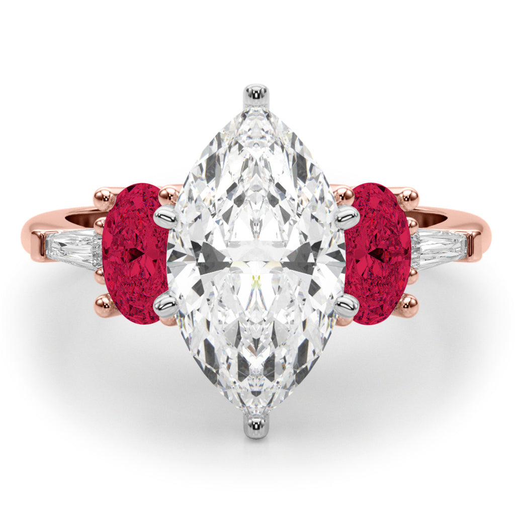 Marquise Lab Diamond & Oval Ruby Engagement Ring 14K Rose Gold (4.24ct)