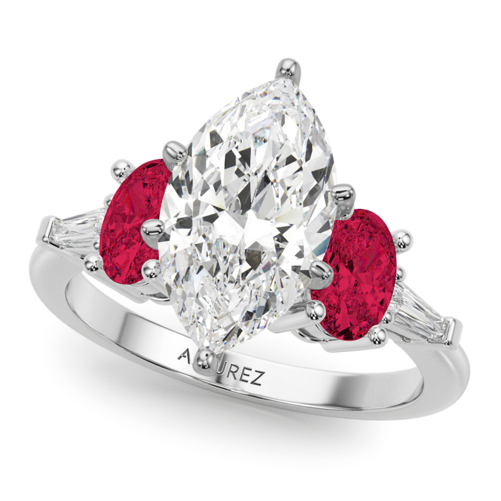 Marquise Lab Diamond & Oval Ruby Engagement Ring 18K White Gold (4.24ct)