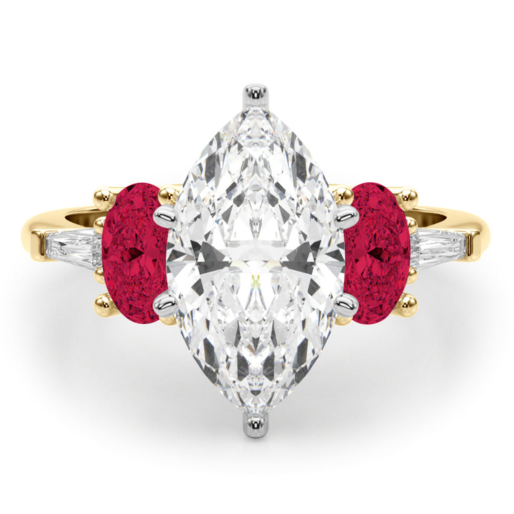 Marquise Lab Diamond & Oval Ruby Engagement Ring 18K Yellow Gold (4.24ct)