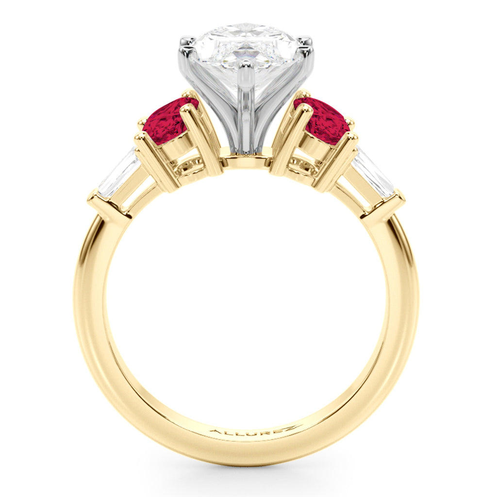 Marquise Lab Diamond & Oval Ruby Engagement Ring 18K Yellow Gold (4.24ct)