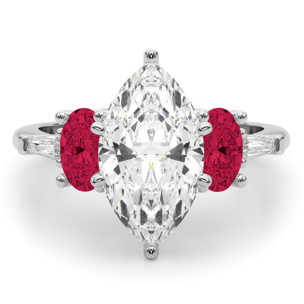Marquise Lab Diamond & Oval Ruby Engagement Ring in Palladium (4.24ct)