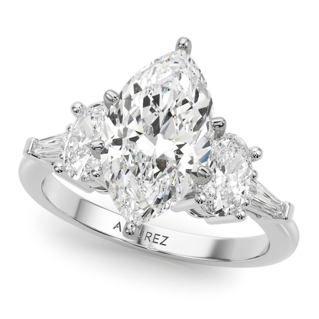 Marquise Moissanite & Lab Diamond Engagement Ring 18K White Gold (4.18ct)