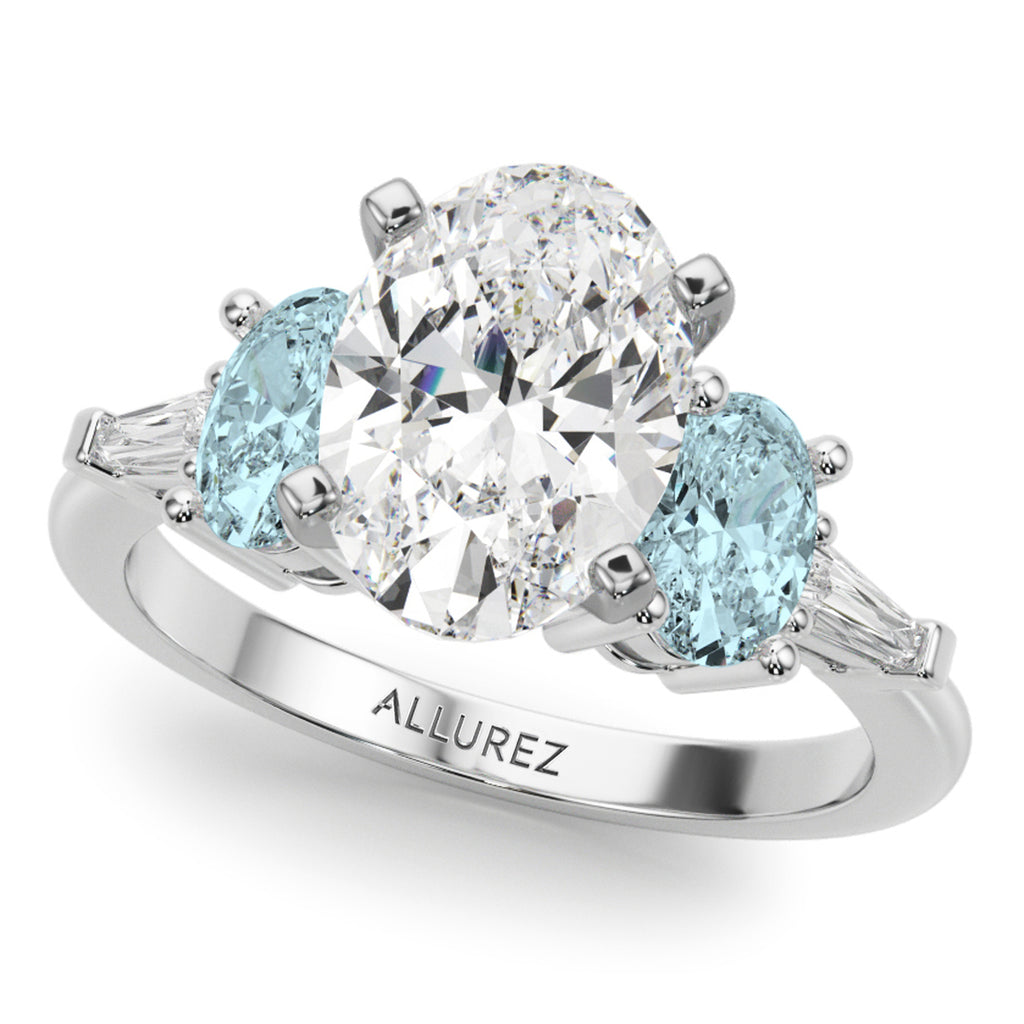 Oval Lab Diamond & Aquamarine Engagement Ring 14K White Gold (3.98ct)